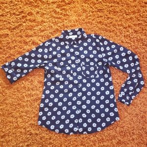 Ann Taylor Loft Navy Floral Front Flap Roll Up Sleeve Shirt